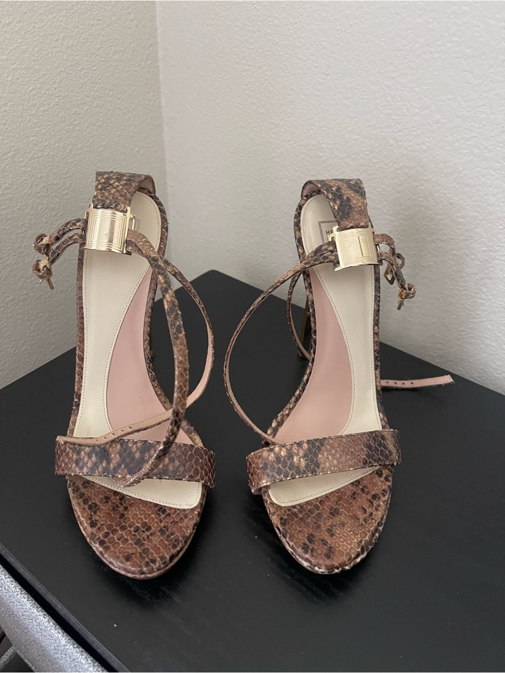 Herve Leger Cecil Brown Snake-Print Ankle Strap Heels